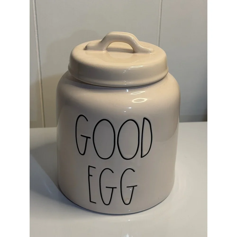 Rae Dunn Good Egg Canister Cream Ceramic Jar Farmhouse Kitchen Decor Magenta NEW
